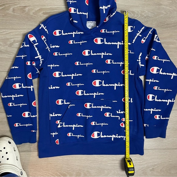 Champion Reverse Weave Sweatshirt Blue Hoodie All Over Print - Picture 5 of 8